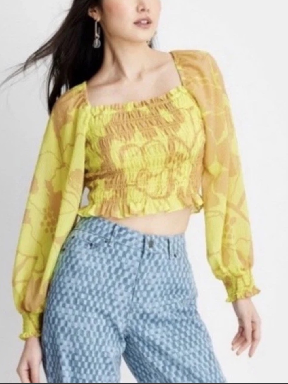 Smocked Square-Neck Floral Blouse in Yellow